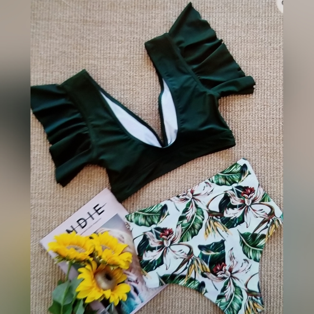 NWT WOMENS RUFFLE HIGH WAIST PUSH UP SWIM SUIT TROPICAL SLIMMING - Picture 2 of 8